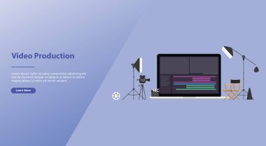 web sitesi şablonu veya açılış ana sayfa afiş için modern düz tarzı ile videoları da aynı şekilde düzenlenecek bazı araçlarla ekip video editörü ile film veya video üretim konsepti - vektör