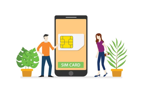 Tarjeta SIM o simcard red de tecnología móvil con teléfono inteligente y personas de pie en el teléfono inteligente con estilo plano moderno - vector — Archivo Imágenes Vectoriales