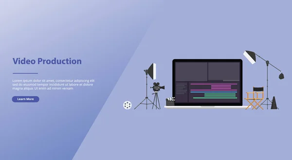 Concept de production de film ou de vidéo avec éditeur vidéo d'équipe avec quelques outils pour éditer des vidéos avec un style plat moderne pour le modèle de site Web ou la bannière de la page d'accueil d'atterrissage - vecteur — Image vectorielle