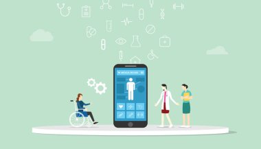 mobil uygulamalar online doktor danışma modern düz tarzı ile online teknoloji üzerinden hasta sağlığı kaydı gözden geçirin - vektör