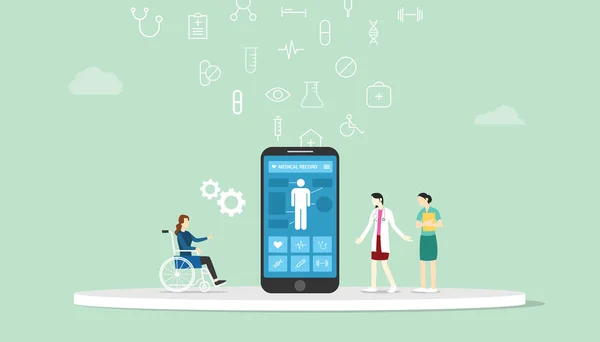 Mobile apps consultazione medica online rivedere la cartella clinica del paziente tramite la tecnologia online con stile piatto moderno - vettore — Vettoriale Stock