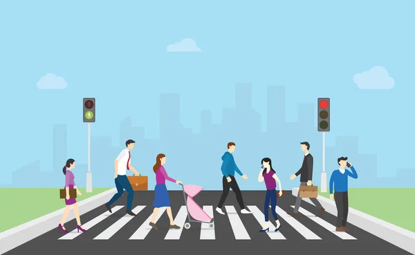 Paseo peatonal calle cruzada con la gente del equipo y el semáforo y el fondo de la ciudad con estilo plano moderno - vector — Vector de stock