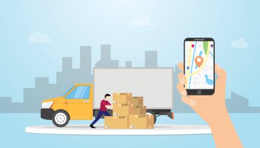online cargo delivery tracking system with truck and gps position locations with hand hold smartphone - vector clipart