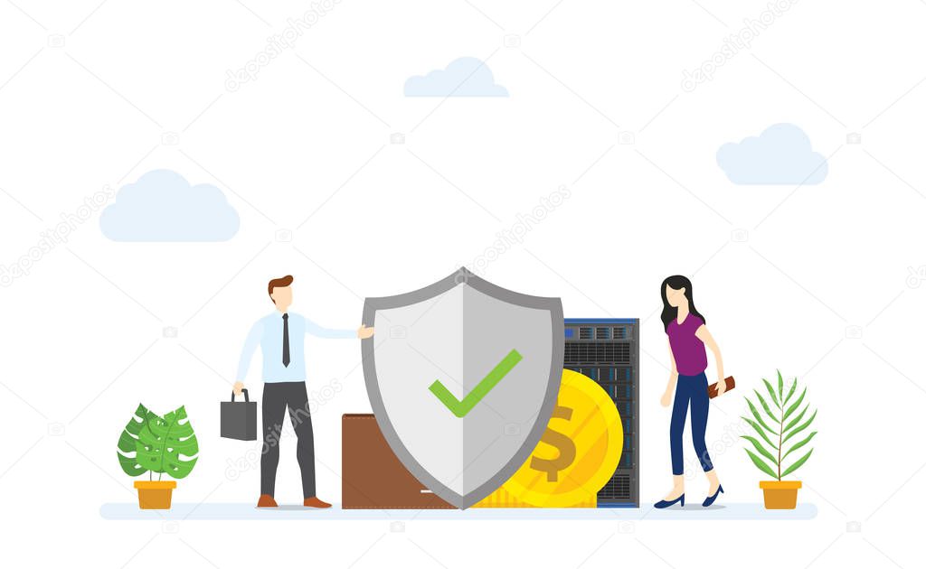 business protection concept with big shield protect with money and data to secure with modern flat style - vector