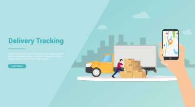 web sitesi şablonu veya afiş iniş ana sayfası için el tutun akıllı telefon gps haritaları ile online izleme teslimat parça - vektör