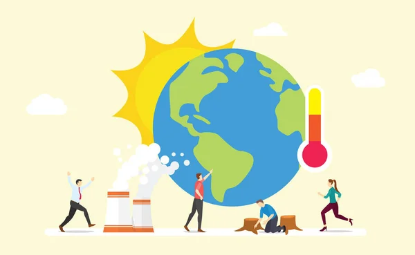 Έννοια της υπερθέρμανσης του πλανήτη γη με ήλιο και θερμόμετρο με τους ανθρώπους της ομάδας με σύγχρονο επίπεδο στυλ - διάνυσμα — Διανυσματικό Αρχείο