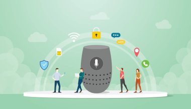 Akıllı hoparlör kavramı ile insanlar akıllı telefon ve aygıt kullanır modern düz stil - vektör