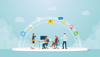 Çeşitli insanlarla iletişim konsepti, modern düz vektör tarzına sahip simgeli dizüstü bilgisayar akıllı telefon aygıtı uygulaması-