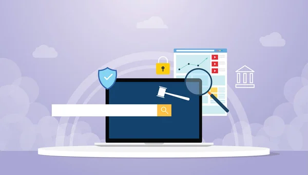 Concepto de autoridad de dominio con portátil y símbolo de signo de búsqueda con el navegador y el estilo plano moderno - vector — Archivo Imágenes Vectoriales
