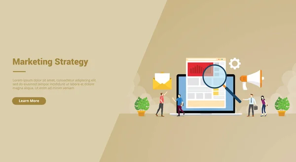 Arketing strategy business people search market data advertise promotion brand campaign for web website home strona główna desant szablon banner with cartoon style. — Wektor stockowy