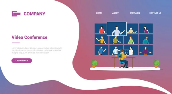 ウェブサイトのテンプレートやランディングホームページのバナーベクトルのためのコンピュータデスクトップや人々とのビデオ会議 — ストックベクタ