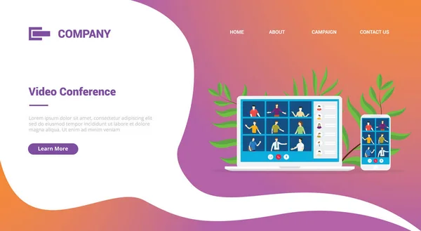 ウェブサイトのテンプレートやランディングホームページのバナーイラストのためのラップトップとスマートフォンのビデオ会議 — ストックベクタ