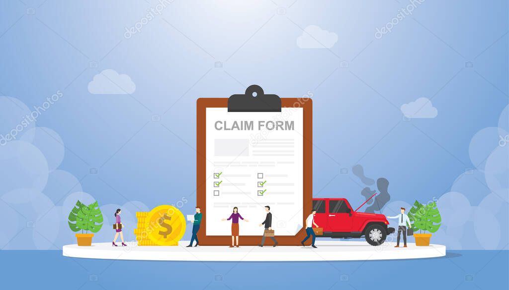 claim form on the clipboard with team people and car crash with modern flat style vector illustration