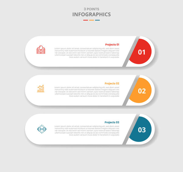 3 points template infographic with long round rectangle with slice edge and stacked list with drop shadow style with three stage list information vector