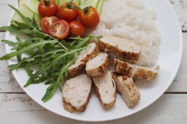 Beyaz plaka ile pişmiş tavuk göğsü, haşlanmış pirinç, yeşil roka yaprakları (roket salata), salatalık dilimleri ve kırmızı kiraz domates hallettim. Sağlıklı beslenme kavramı