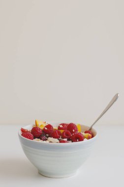 Ahududu, nektarin, muz, Erik, kurutulmuş kızılcık ve yulaf ile kahvaltı kase. Meyve salatası. Sağlıklı beslenme. Vegan gıda