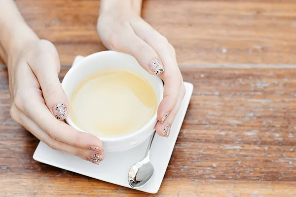 Female Hands Holding Cup Herbal Green Tea Top View Copy — Stock Photo, Image