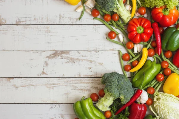 Fondo Horizontal Con Una Variedad Verduras Temporada Judías Verdes Tomates — Foto de Stock