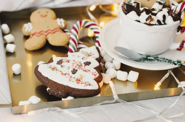 Christmas Breakfast Served Bed Hot Chocolate Marshmallow Cookies Sweets Festive — Stock Photo, Image