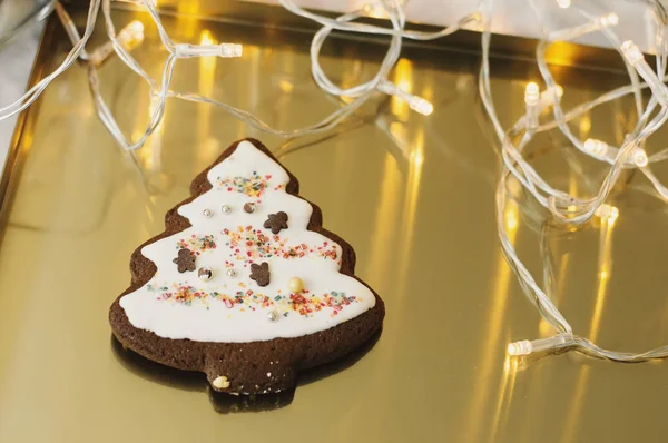 Christmas Tree Shaped Chocolate Cookie Metal Tray Winter Dessert — Stock Photo, Image