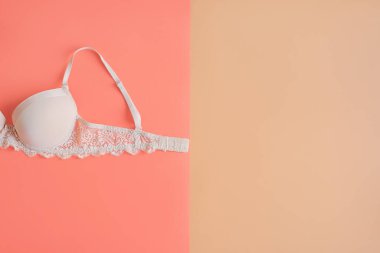 Pastel pembe ve bej arkaplanda bej rengi sütyen, yazı için boşluk. Göğüs kanseri farkındalığı ayı konsepti