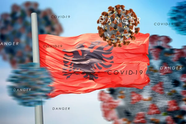 3D collage Albanian flag amid coronavirus