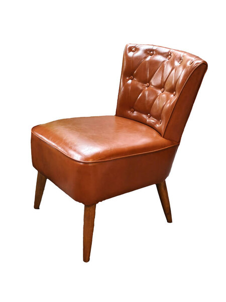 Stylish brown leather chair featuring a tufted backrest and wooden legs, perfect for contemporary home or office decor.