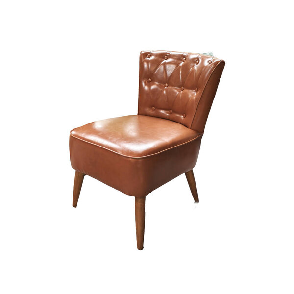 Stylish brown leather chair featuring a tufted backrest and wooden legs, perfect for contemporary home or office decor.