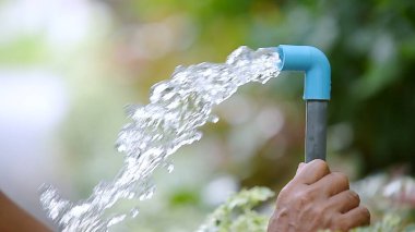 Bahçede çiçek sulayan genç bir adam.