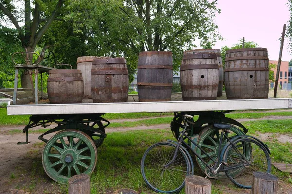 A collection of wooden barrels rests on a vintage cart in a park. A classic bicycle leans against the cart while lush green trees provide shade nearby.