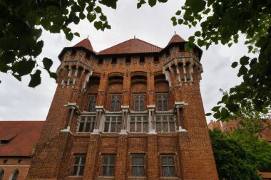 A stunning brick castle stands tall with ornate windows and turrets against a cloudy sky. Lush greenery frames the structure, enhancing its historical charm and architectural details.