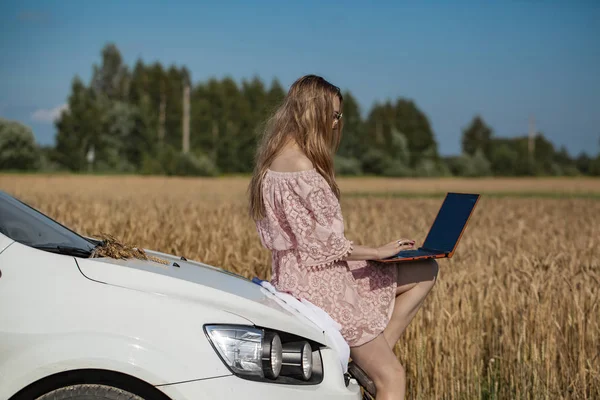 Girl working on a laptop near the field with wheat