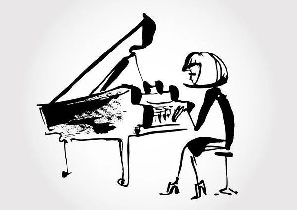 Divertido Dibujo Tinta Del Pianista Para Tema Del Bar Jazz — Vector de stock