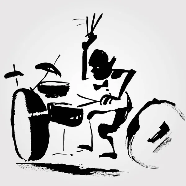 Divertido Dibujo Tinta Del Baterista Para Tema Barra Jazz — Vector de stock