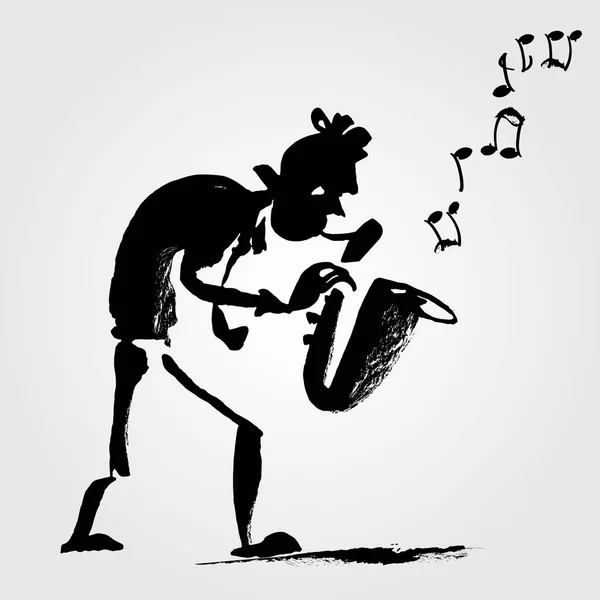 Jazz müzik konsepti için saksafoncunun mürekkepli eğlenceli çizimi