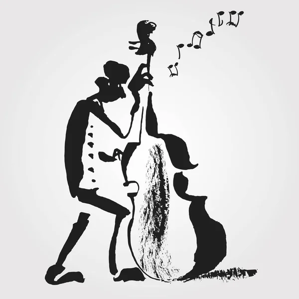 Ink Zabawa Rysunek Kontrabasisty Temat Baru Jazzowego — Wektor stockowy