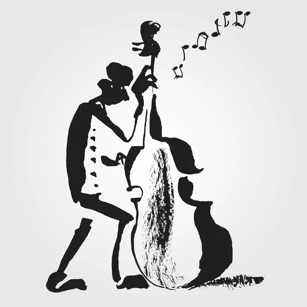 Jazz bar teması için kontrabass oynatıcısının mürekkep eğlenceli çizimi