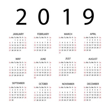 Takvim 2019 yıl. Hafta Pazar günü ile başlar