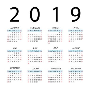 Takvim 2019 yıl. Hafta Pazar günü ile başlar