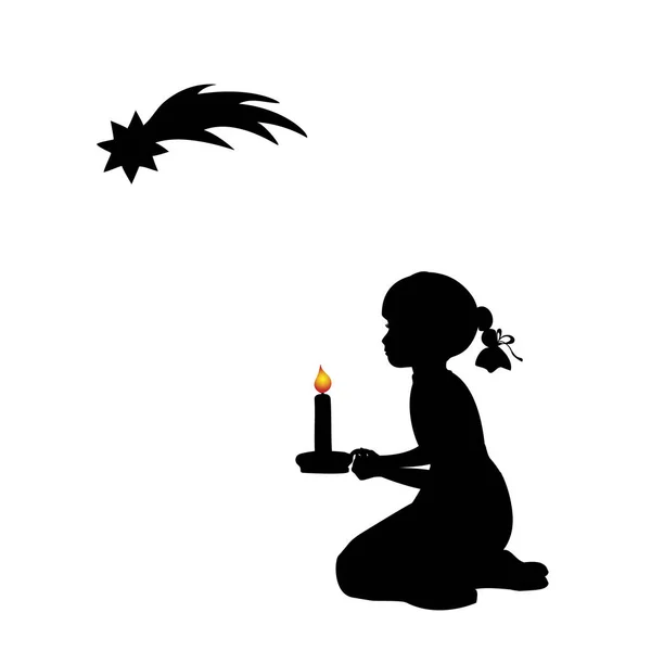 Silhouette betende Mädchen mit Kerze. Weihnachtsstern — Stockvektor