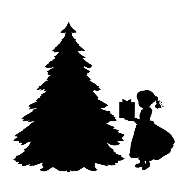Silhouette fille met cadeau sous l'arbre de Noël — Image vectorielle