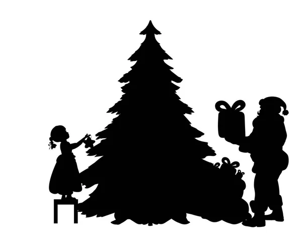 Silhouet Santa zet geschenken en meisje versiert de kerstboom — Stockvector