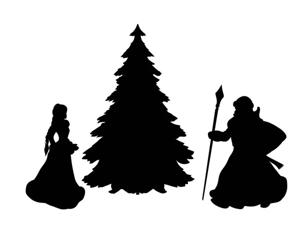 Silhouette grand-père Frost and snow Maiden au sapin de Noël — Image vectorielle