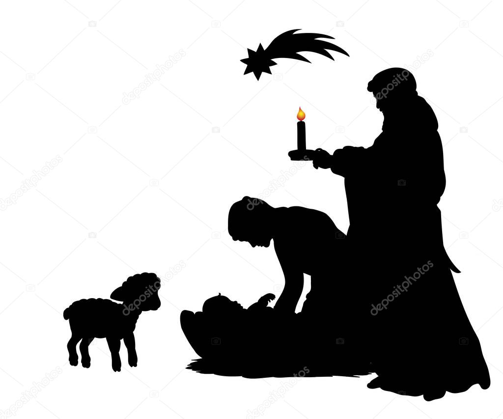 Silhouette Christmas family father Joseph mom Maria with baby Je