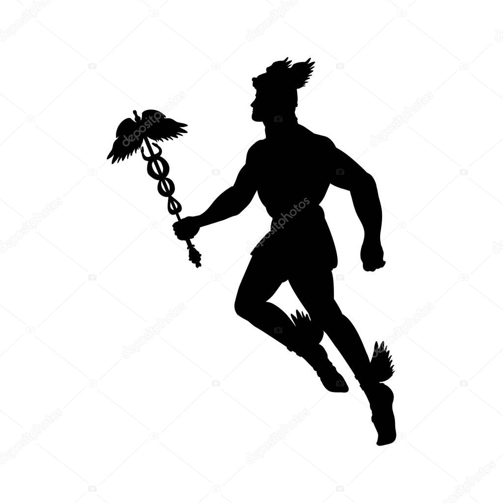 Hermes greek god silhouette mythology symbol fantasy. Vector illustration.
