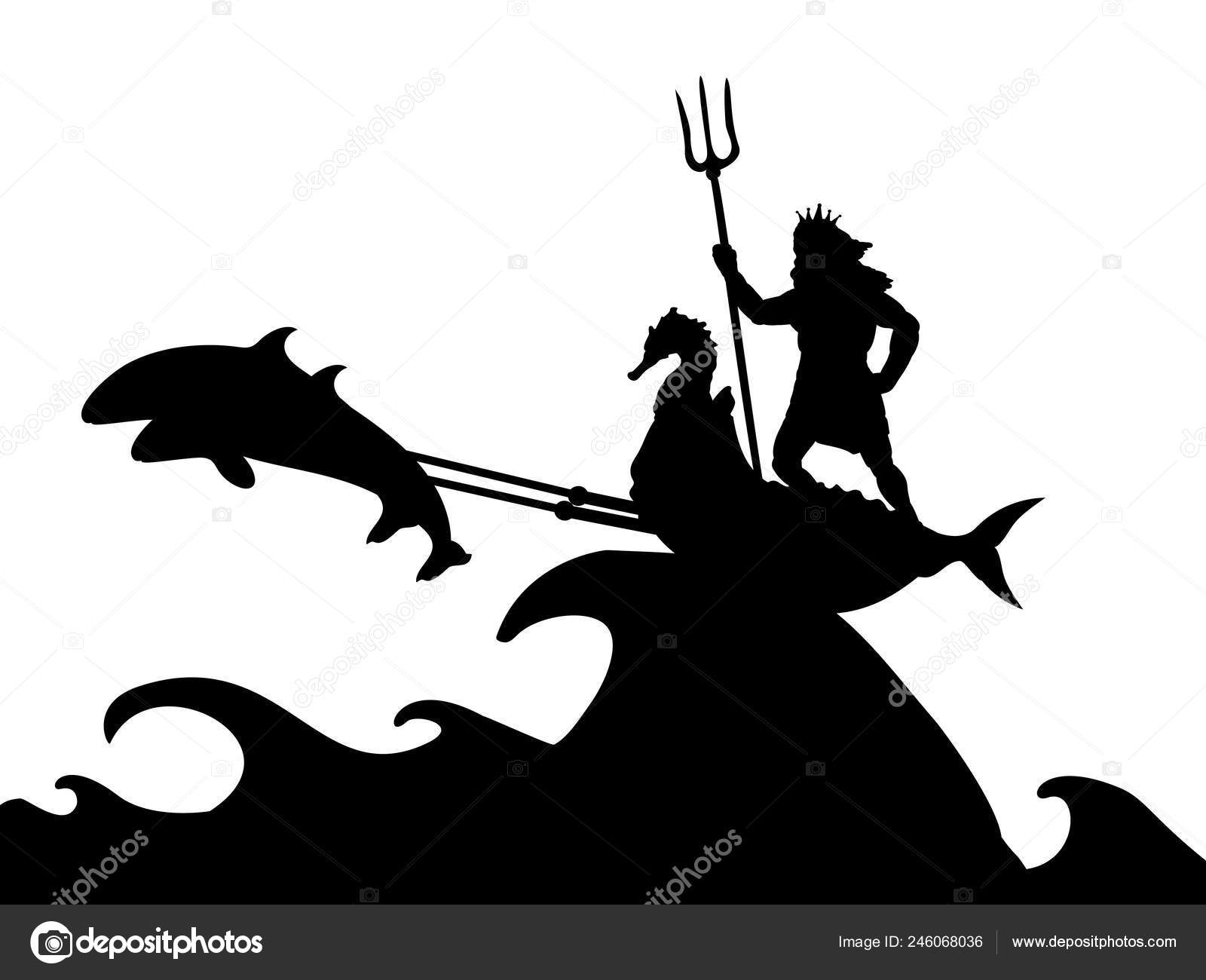 Poseidon Neptunus deus golfinho carruagem silhueta mitologia antiga fantasia  Vetor de ©kozyrevaelena 246068036, image size:1600x1300
