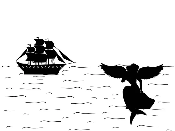 Siren deniz kızı dağ gemi silueti antik mitoloji fantastik — Stok Vektör