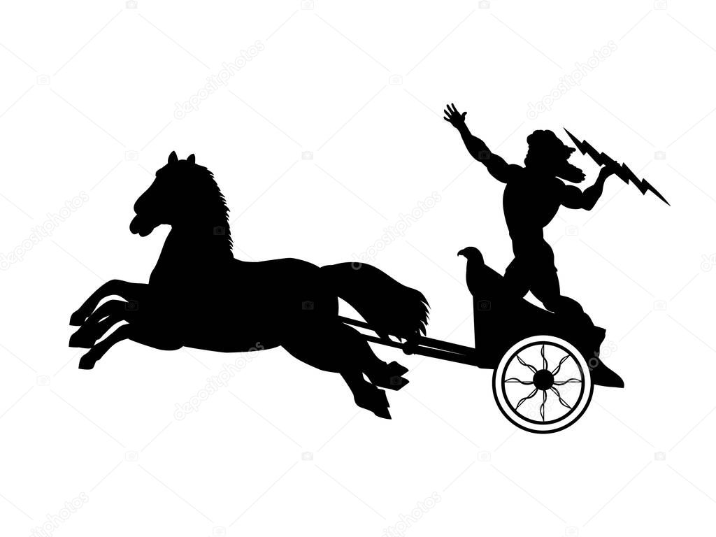 Zeus Jupiter god chariot lightning silhouette ancient mythology fantasy. Vector illustration.