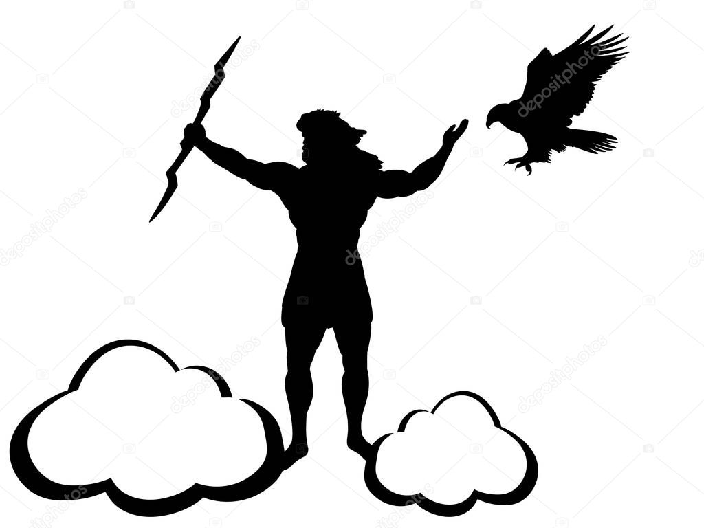 Zeus Jupiter god eagle silhouette ancient mythology fantasy. Vector illustration.