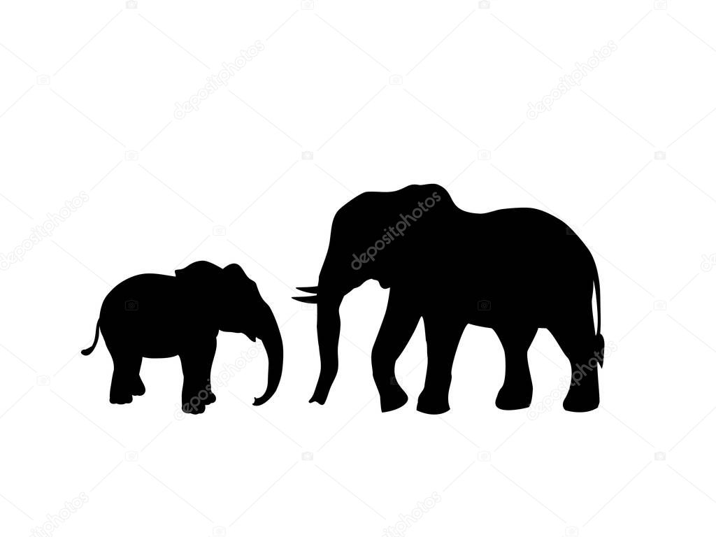 Elephant and Elephant calf mammal black silhouette animal